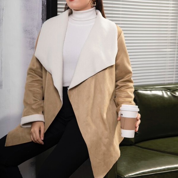 Bellanblue Jackets & Blazers - Plus Khaki Tan Vegan Suede Open Front Waterfall Jacket